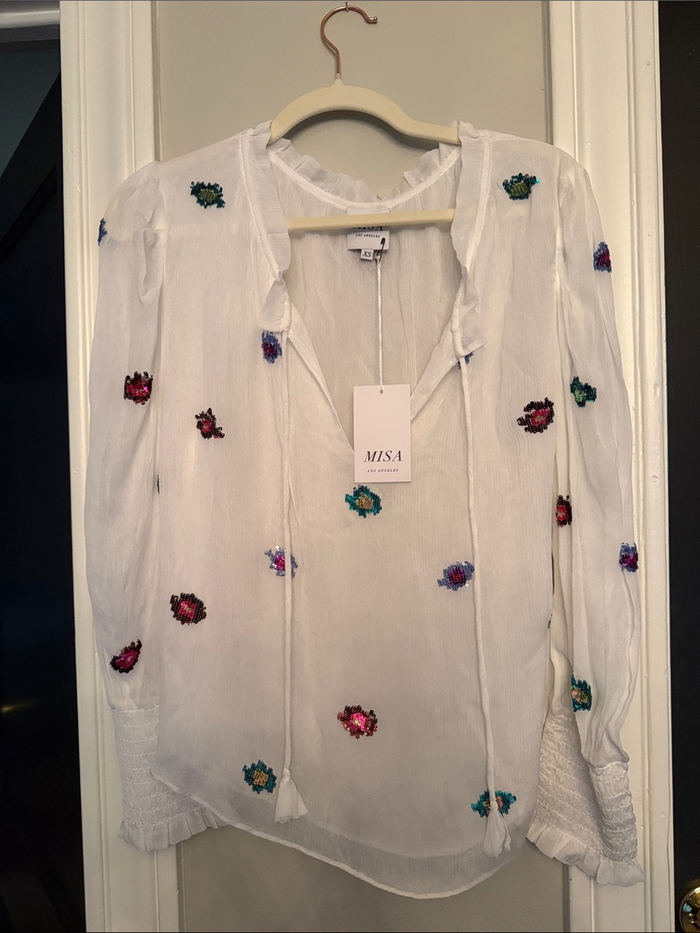 Misa Los Angeles White Sheer Blouse with Multicolor Floral Embroidery